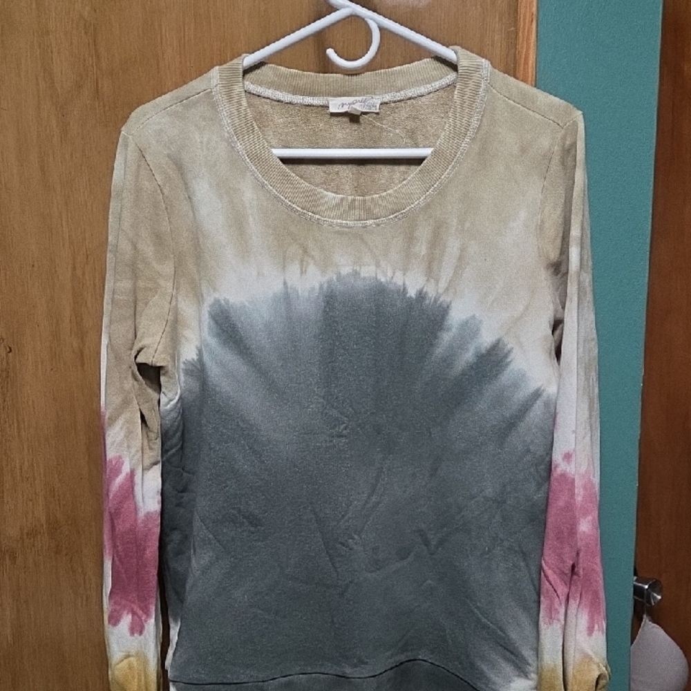 Mystree Neutral Multi Tie-Dye Crewneck Sweatshirt with Pink Accents